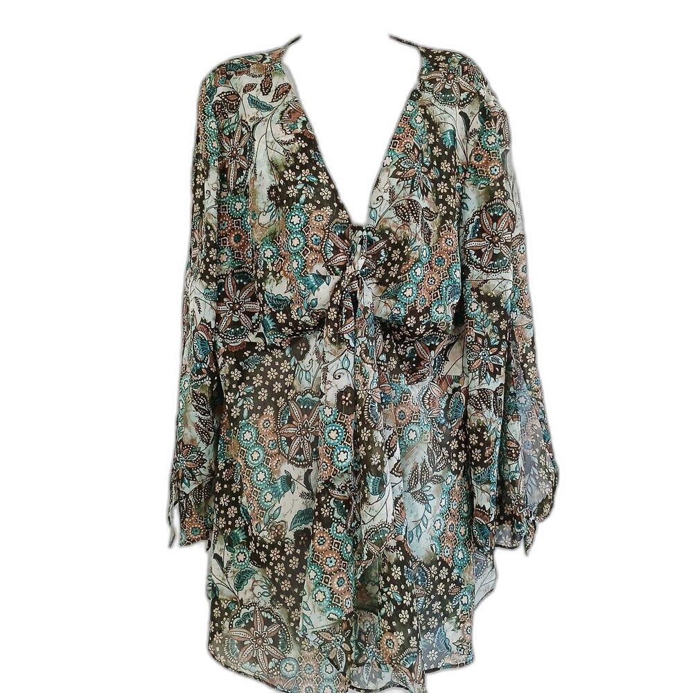 Lane Bryant Top Brown Teal Floral Flare Split Sleeves Sz 18 Casual Office Travel